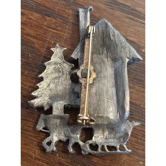 VTG Christmas Sleigh Brooch Pin House & Tree Hand-Painted Tall Festive Jewelry - Picture 3 of 3